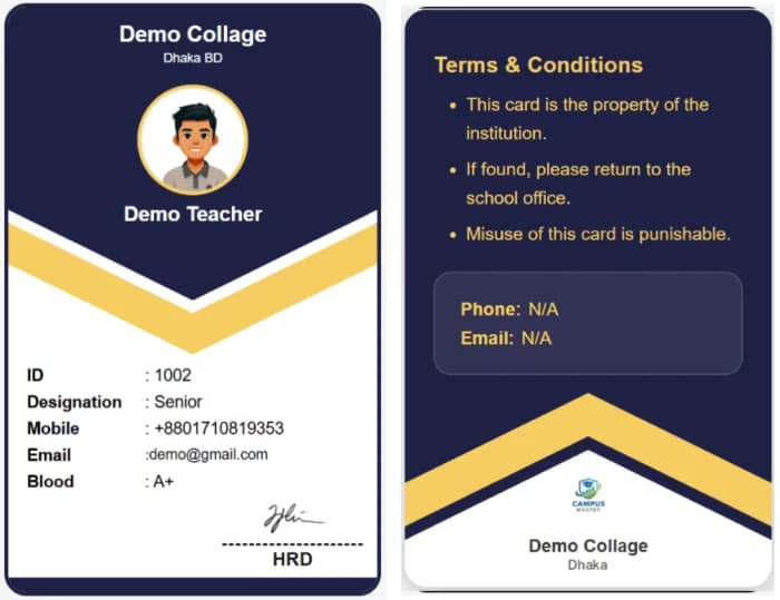 Staff ID card template — navy & gold